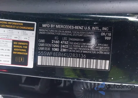 2019 Mercedes-Benz C 300 4Matic z USA, uszkodzony, nr VIN 55SWF8EB6KU283136